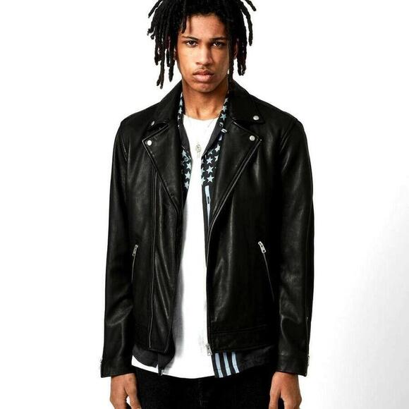 All Saints Lomi Sheep Leather Asymmetrical Zip Biker Moto Jacket Black Sz Medium - Picture 1 of 9